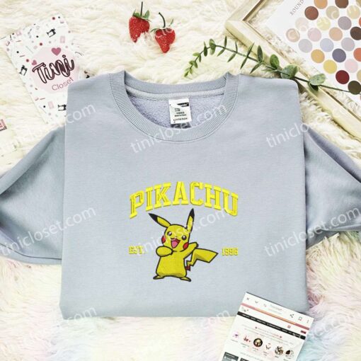 Pikachu Est 1996 Embroidered Shirt, Pokemon Embroidered Hoodie, Anime Embroidered Sweatshirt