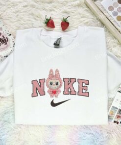 Pink Labubu With Heart Embroidered Shirt, Art Toy Embroidered Hoodie, Best Gift Idea (1)
