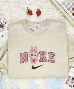 Pink Labubu With Heart Embroidered Shirt, Art Toy Embroidered Hoodie, Best Gift Idea (3)