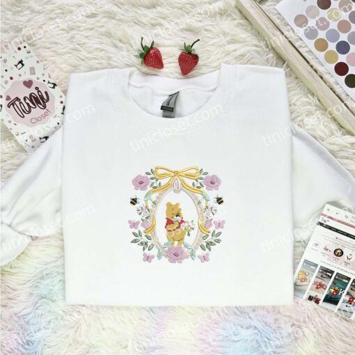 Pooh Coquette Frame Embroidered Shirt, Disney Characters Embroidered Hoodie, Cartoon Embroidered T-Shirt