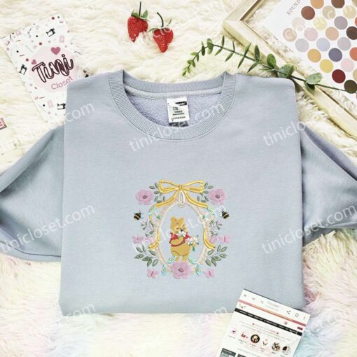 Pooh Coquette Frame Embroidered Shirt, Disney Characters Embroidered Hoodie, Cartoon Embroidered T-Shirt