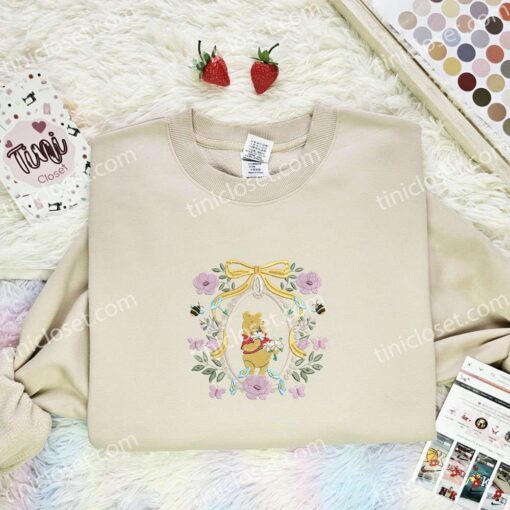 Pooh Coquette Frame Embroidered Shirt, Disney Characters Embroidered Hoodie, Cartoon Embroidered T-Shirt