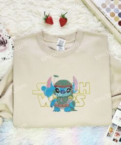 Stitch Boba Fett Embroidered Shirt, Star Wars Movie Embroidered Hoodie, Disney Characters Embroidered Sweatshirt (3)