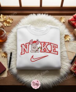 Piglet Candy Cane Christmas Embroidered Shirt, Winnie The Pooh Disney Embroidered Hoodie, Christmas Embroidered T-shirt 1 Nike pooh candy cane christmas couple (2)1