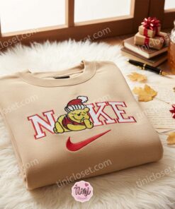 Pooh Xmas Sleeping Embroidered Shirt, Winnie The Pooh Disney Embroidered Hoodie, Christmas Embroidered Sweatshirt