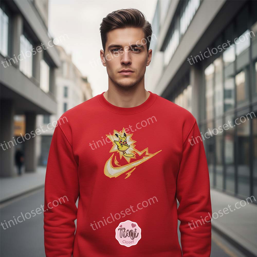 Electric Pikachu Embroidered Sweatshirt, Pokemon x Swoosh Anime Hoodie, Pokemon Gift Electric Pikachu Embroidered Sweatshirt, Pokemon x Swoosh Anime Hoodie, Pokemon Gift