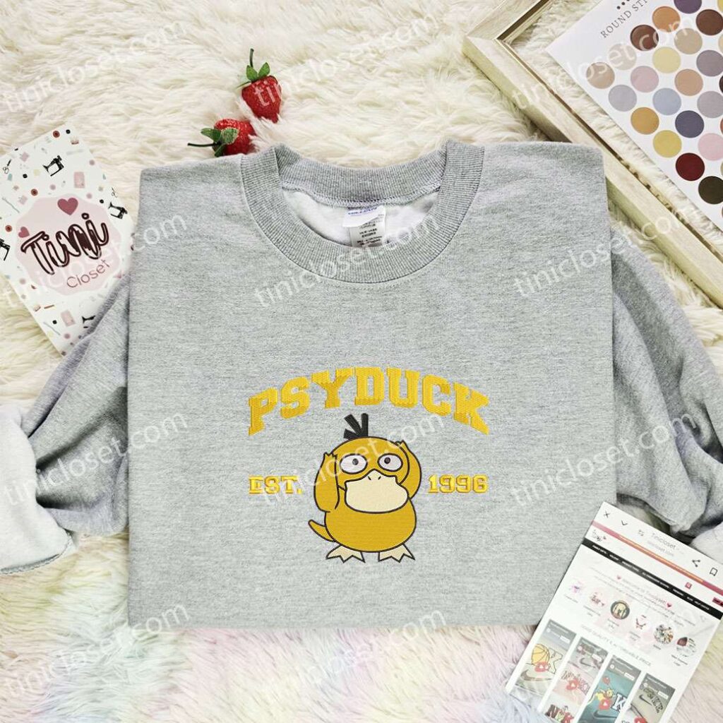 Psyduck Embroidered Shirt, Pokemon Embroidered Hoodie, Anime Embroidered Sweatshirt