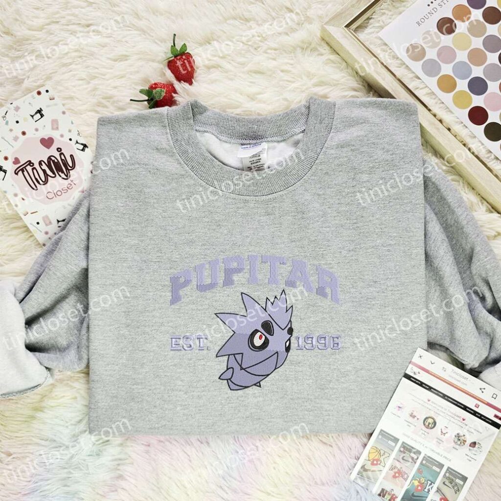 Pupitar Embroidered Shirt, Pokemon Embroidered Hoodie, Anime Embroidered Sweatshirt