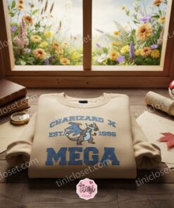 Mega Charizard X Est 1996 Embroidered Sweatshirt, Blue Fire Dragon Crewneck, Bestie Matching Shirts For Pokemon Rivals (1)
