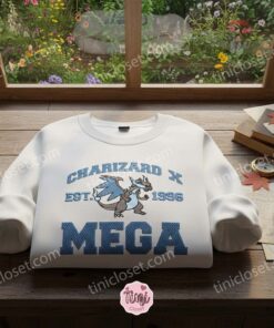 Mega Charizard X Est 1996 Embroidered Sweatshirt, Blue Fire Dragon Crewneck, Bestie Matching Shirts For Pokemon Rivals