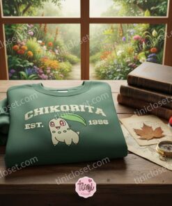 Chikorita Est 1996 Embroidered Crewneck, Pokemon Hoodie, Bestie Matching Shirts for Johto Region Fans