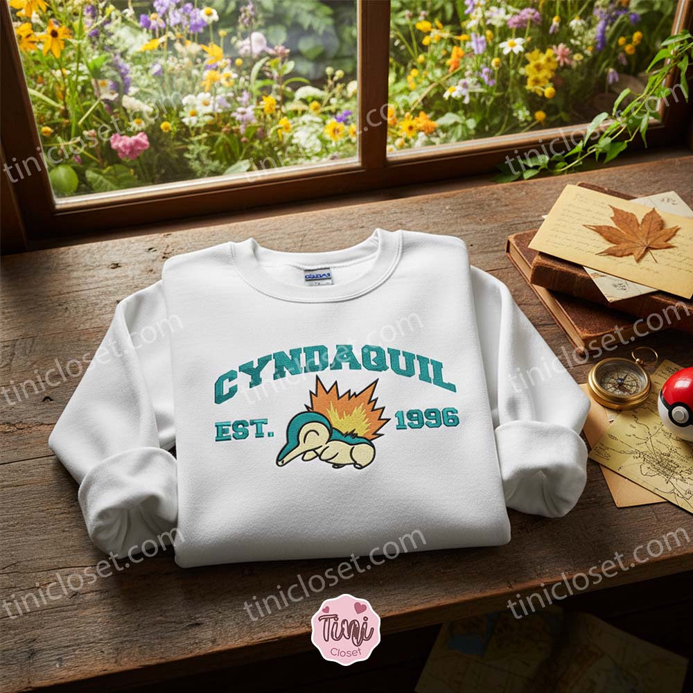 Cyndaquil Vintage Style Embroidered Crewneck, Bestie Matching Shirts for Johto Region Fans, Pokemon Gen 2 Fire Type