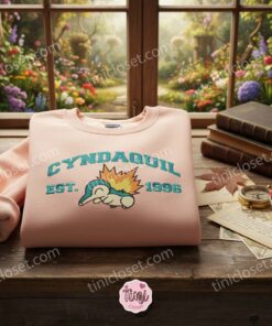 Cyndaquil Vintage Style Embroidered Crewneck, Bestie Matching Shirts for Johto Region Fans, Pokemon Gen 2 Fire Type (2)