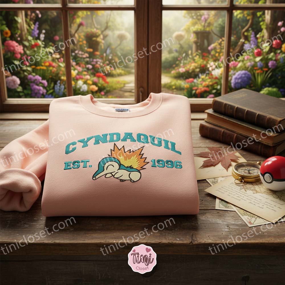 Cyndaquil Vintage Style Embroidered Crewneck, Bestie Matching Shirts for Johto Region Fans, Pokemon Gen 2 Fire Type