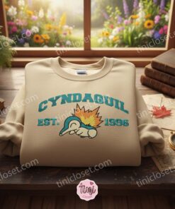 Cyndaquil Vintage Style Embroidered Crewneck, Bestie Matching Shirts for Johto Region Fans, Pokemon Gen 2 Fire Type (3)