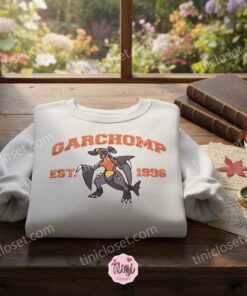 Garchomp Pokemon Embroidered Crewneck, Heavyweight Dragon Type Pullover, Anniversary Gift For Boyfriend and Girlfriend