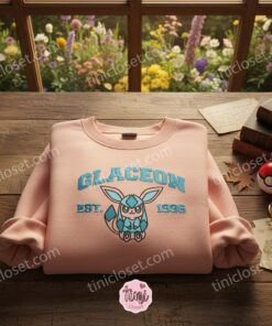 Glaceon Pokemon Embroidered Hoodie, Eevee Evolution Sweatshirt – Perfect for Matching Couple Crewnecks Embroidery Sets (1)