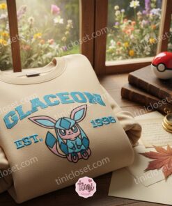 Glaceon Pokemon Embroidered Hoodie, Eevee Evolution Sweatshirt, Perfect for Matching Couple Crewnecks Embroidery Sets