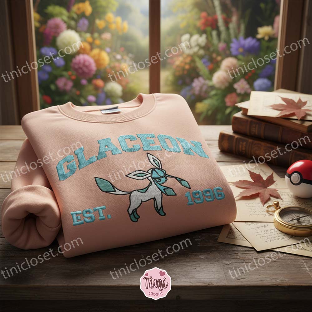 Glaceon Pokemon Embroidered Shirt, Eeveelution Crewneck, Bestie Matching Shirts Glaceon Pokemon Embroidered Shirt, Eeveelution Crewneck, Bestie Matching Shirts
