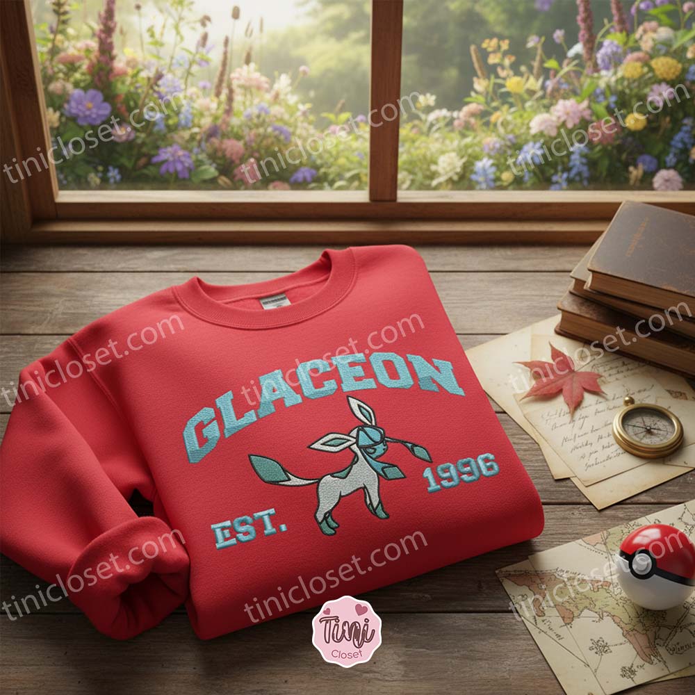 Glaceon Pokemon Embroidered Shirt, Eeveelution Crewneck, Bestie Matching Shirts Glaceon Pokemon Embroidered Shirt, Eeveelution Crewneck, Bestie Matching Shirts