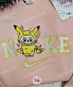 Labubu Pikachu Embroidered Shirt, Pokemon Anime Embroidered Hoodie, Cartoon Embroidered Sweatshirt