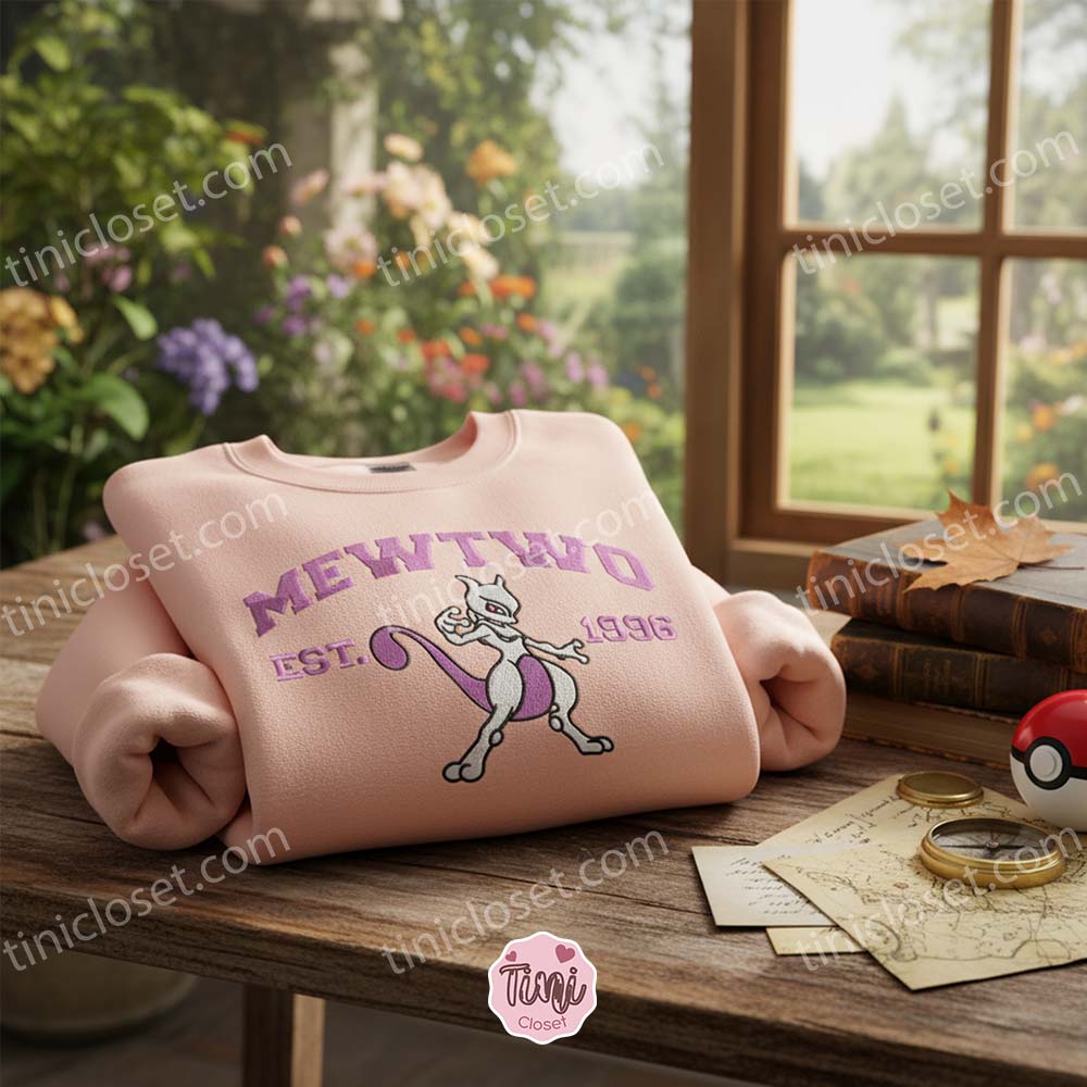 Mewtwo Est. 1996 Retro Embroidered Sweatshirt, Legendary Pokemon Crewneck, 90s Anime Streetwear Mewtwo Est. 1996 Retro Embroidered Sweatshirt, Legendary Pokemon Crewneck, 90s Anime Streetwear