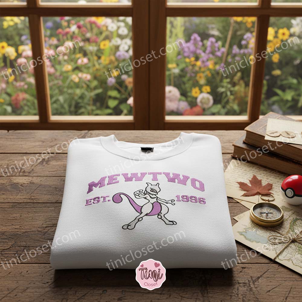 Mewtwo Est. 1996 Retro Embroidered Sweatshirt, Legendary Pokemon Crewneck, 90s Anime Streetwear Mewtwo Est. 1996 Retro Embroidered Sweatshirt, Legendary Pokemon Crewneck, 90s Anime Streetwear