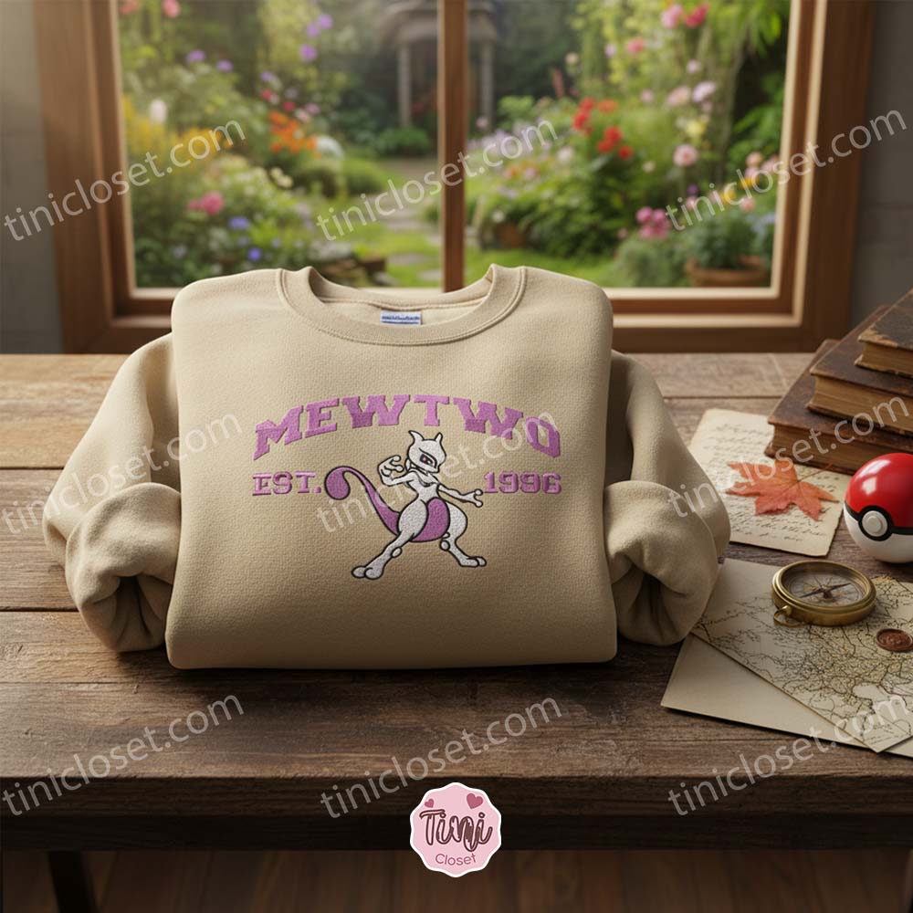 Mewtwo Est. 1996 Retro Embroidered Sweatshirt, Legendary Pokemon Crewneck, 90s Anime Streetwear Mewtwo Est. 1996 Retro Embroidered Sweatshirt, Legendary Pokemon Crewneck, 90s Anime Streetwear