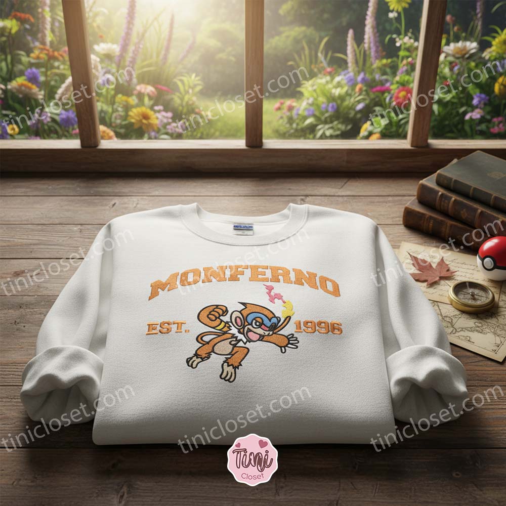Monferno Pokemon Embroidered Sweatshirt, Vintage Est 1996 Crewneck, Fire Type Anime Hoodie, Gen 4 Sinnoh Starter Evolution Gift Monferno Pokemon Embroidered Sweatshirt, Vintage Est 1996 Crewneck, Fire Type Anime Hoodie, Gen 4 Sinnoh Starter Evolution Gift