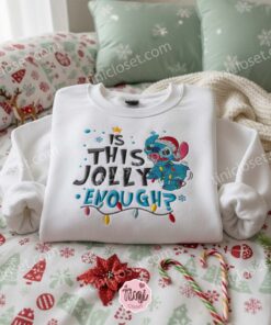 Is This Jolly Enough Stitch Embroidered Hoodie, Stitch Christmas Lights Funny Sweatshirt, Ohana Holiday Disney Crewneck, Gift for Him Her