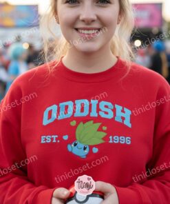 Oddish Embroidered Sweatshirt, Cute Pokemon Crewneck, Est. 1996 Varsity Style Hoodie (1)