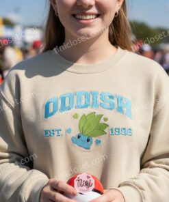 Oddish Embroidered Sweatshirt, Cute Pokemon Crewneck, Est. 1996 Varsity Style Hoodie (3)