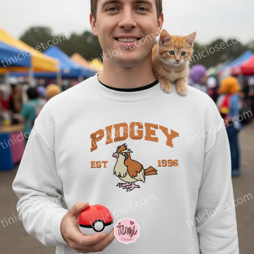 Pidgey Embroidered Sweatshirt, Vintage Est. 1996 Pokemon Crewneck, Anime Pullover Pidgey Embroidered Sweatshirt, Vintage Est. 1996 Pokemon Crewneck, Anime Pullover