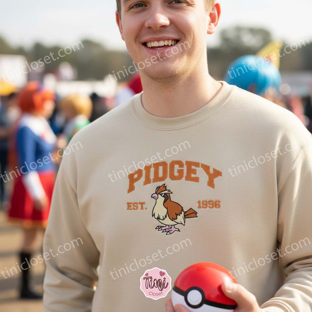 Pidgey Embroidered Sweatshirt, Vintage Est. 1996 Pokemon Crewneck, Anime Pullover Pidgey Embroidered Sweatshirt, Vintage Est. 1996 Pokemon Crewneck, Anime Pullover