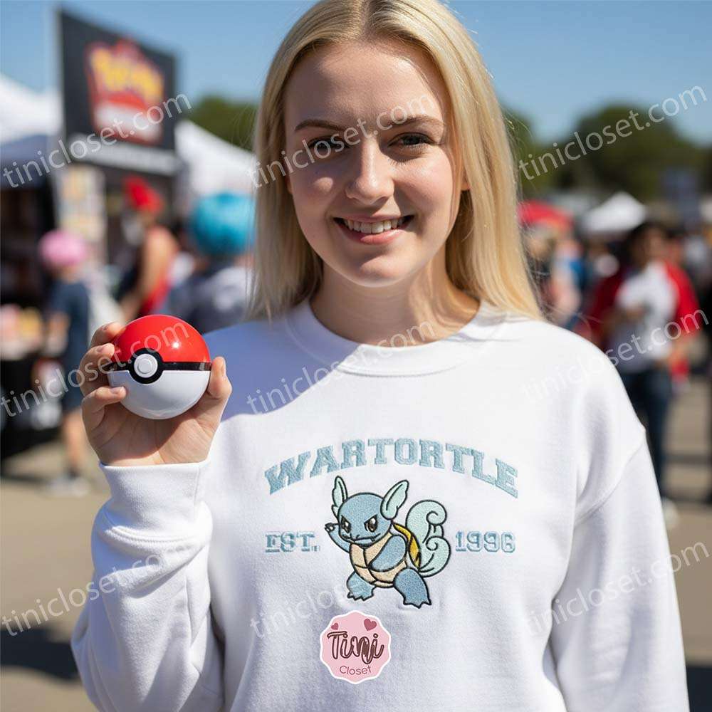 Wartortle Embroidered Sweatshirt, Vintage Est. 1996 Pokemon Crewneck, Kanto Water Type Pullover