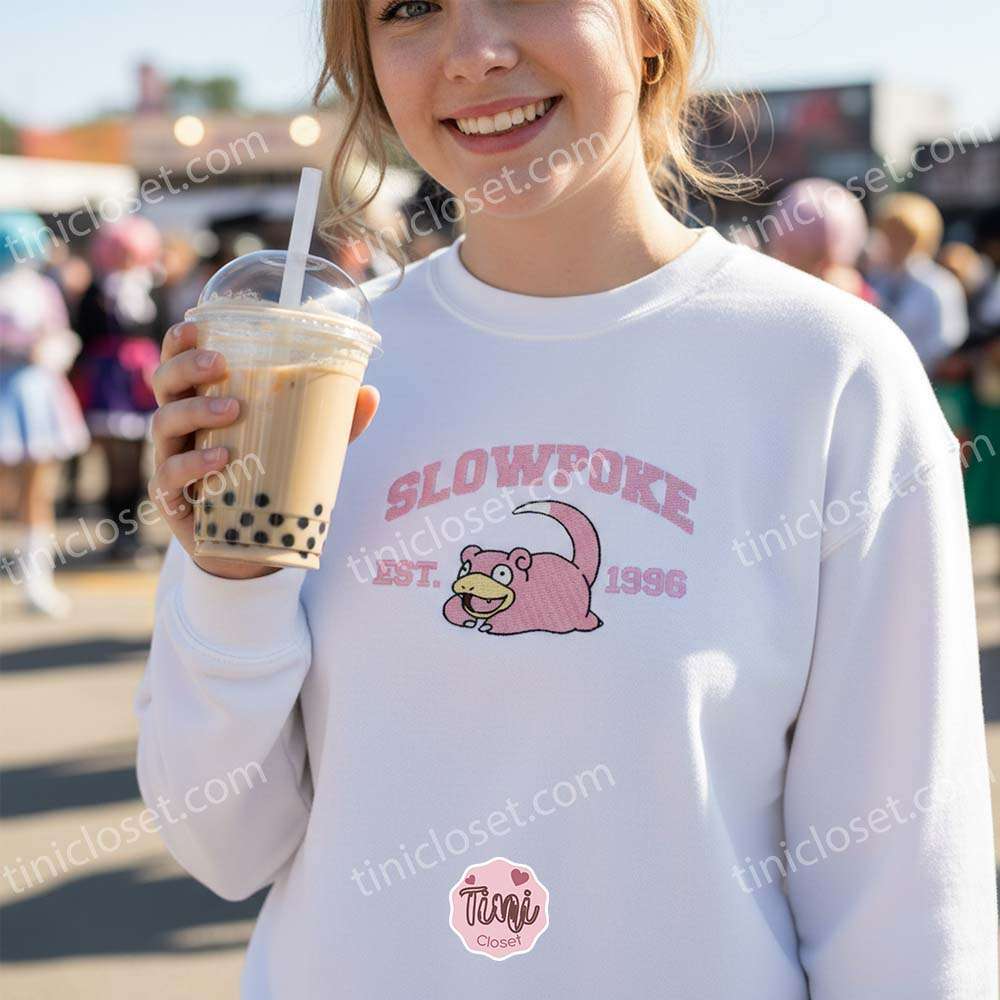 Slowpoke Embroidered Sweatshirt, Vintage Est. 1996 Pokemon Crewneck, Gen 1 Kanto Water Type Pullover