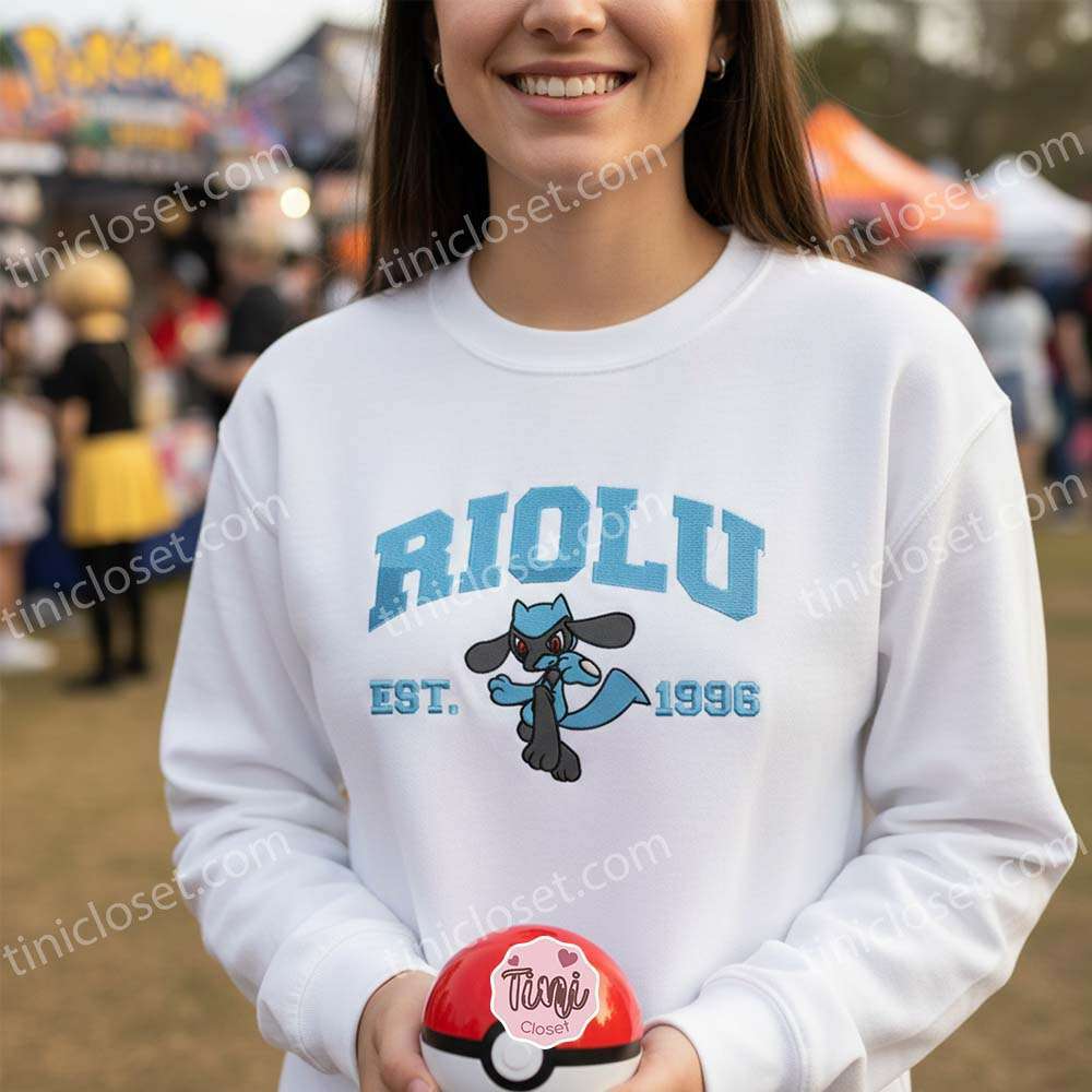 Riolu Embroidered Sweatshirt, Vintage Est. 1996 Pokemon Crewneck, Sinnoh Fighting Type Pullover