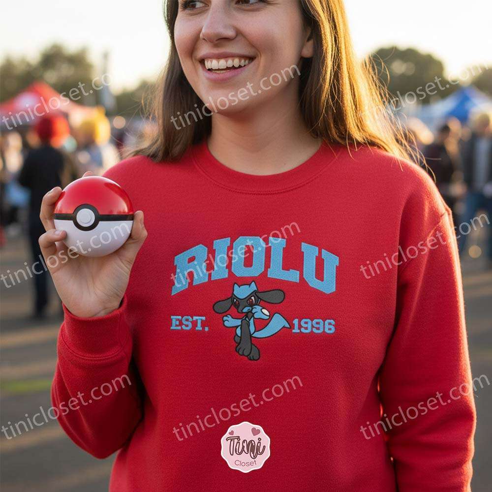 Riolu Embroidered Sweatshirt, Vintage Est. 1996 Pokemon Crewneck, Sinnoh Fighting Type Pullover