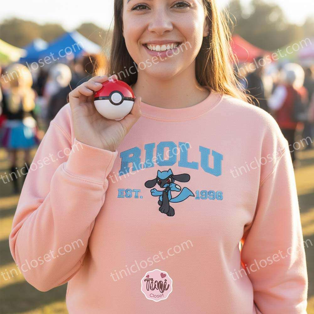 Riolu Embroidered Sweatshirt, Vintage Est. 1996 Pokemon Crewneck, Sinnoh Fighting Type Pullover