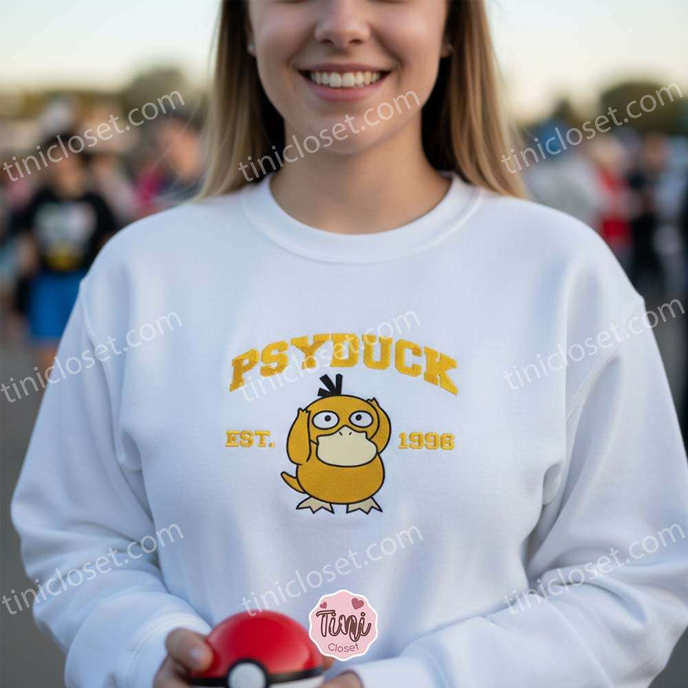 Psyduck Embroidered Sweatshirt, Vintage Est. 1996 Pokemon Crewneck, Kanto Water Type Pullover