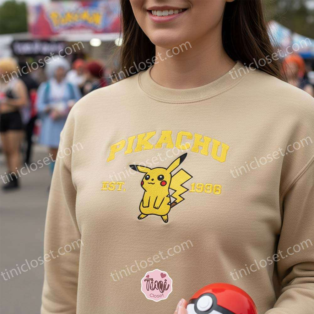 Pikachu Embroidered Sweatshirt, Vintage Est. 1996 Pokemon Crewneck, Kanto Electric Type Pullover