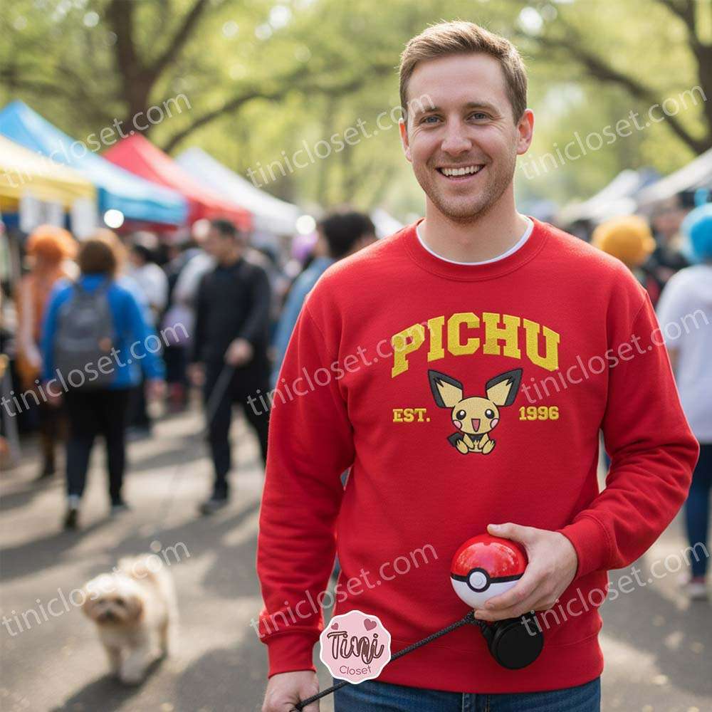 Pichu Embroidered Sweatshirt, Vintage Est. 1996 Pokemon Crewneck, Bestie Matching Shirts, Johto Region Design Pichu Embroidered Sweatshirt, Vintage Est. 1996 Pokemon Crewneck, Bestie Matching Shirts, Johto Region Design