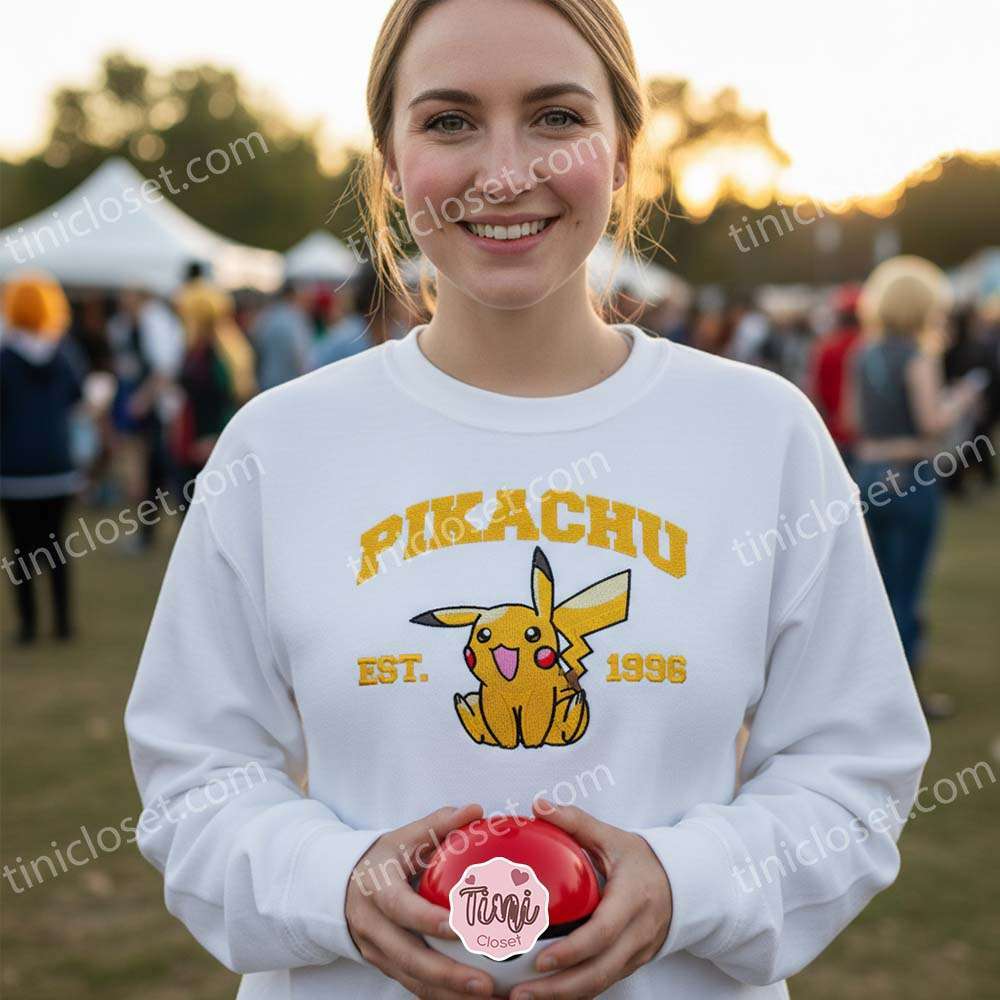 Pikachu Embroidered Sweatshirt, Vintage Est. 1996 Pokemon Crewneck, Matching Couple Hoodies Embroidery Set Pikachu Embroidered Sweatshirt, Vintage Est. 1996 Pokemon Crewneck, Matching Couple Hoodies Embroidery Set
