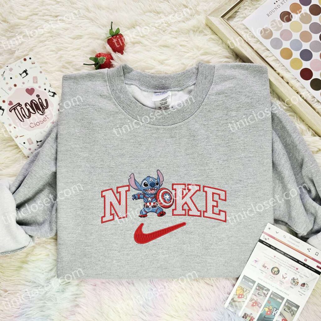 Stitch Captain America Embroidered Shirt, Movie Embroidered Hoodie, Disney Characters Embroidered T-Shirt