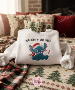 Stitch Naughty or Nice Christmas Embroidered Hoodie, Candy Cane Experiment 626 Sweatshirt, Disney Holiday Spirit Apparel, Gift for Him Her (1)