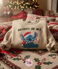 Stitch Naughty or Nice Christmas Embroidered Hoodie, Candy Cane Experiment 626 Sweatshirt, Disney Holiday Spirit Apparel, Gift for Him Her (2)