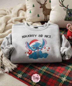 Stitch Naughty or Nice Christmas Embroidered Hoodie, Candy Cane Experiment 626 Sweatshirt, Disney Holiday Spirit Apparel, Gift for Him Her (3)