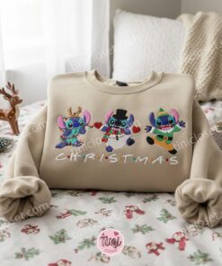 Merry Stitchmas Trio Embroidered Sweatshirt, Custom Stitch Christmas Snowman Reindeer Elf Hoodie, Festive Holiday Gift for Him Her (1)