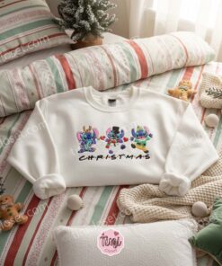 Merry Stitchmas Trio Embroidered Sweatshirt, Custom Stitch Christmas Snowman Reindeer Elf Hoodie, Festive Holiday Gift for Him Her (2)