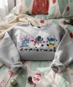 Merry Stitchmas Trio Embroidered Sweatshirt, Custom Stitch Christmas Snowman Reindeer Elf Hoodie, Festive Holiday Gift for Him Her (3)
